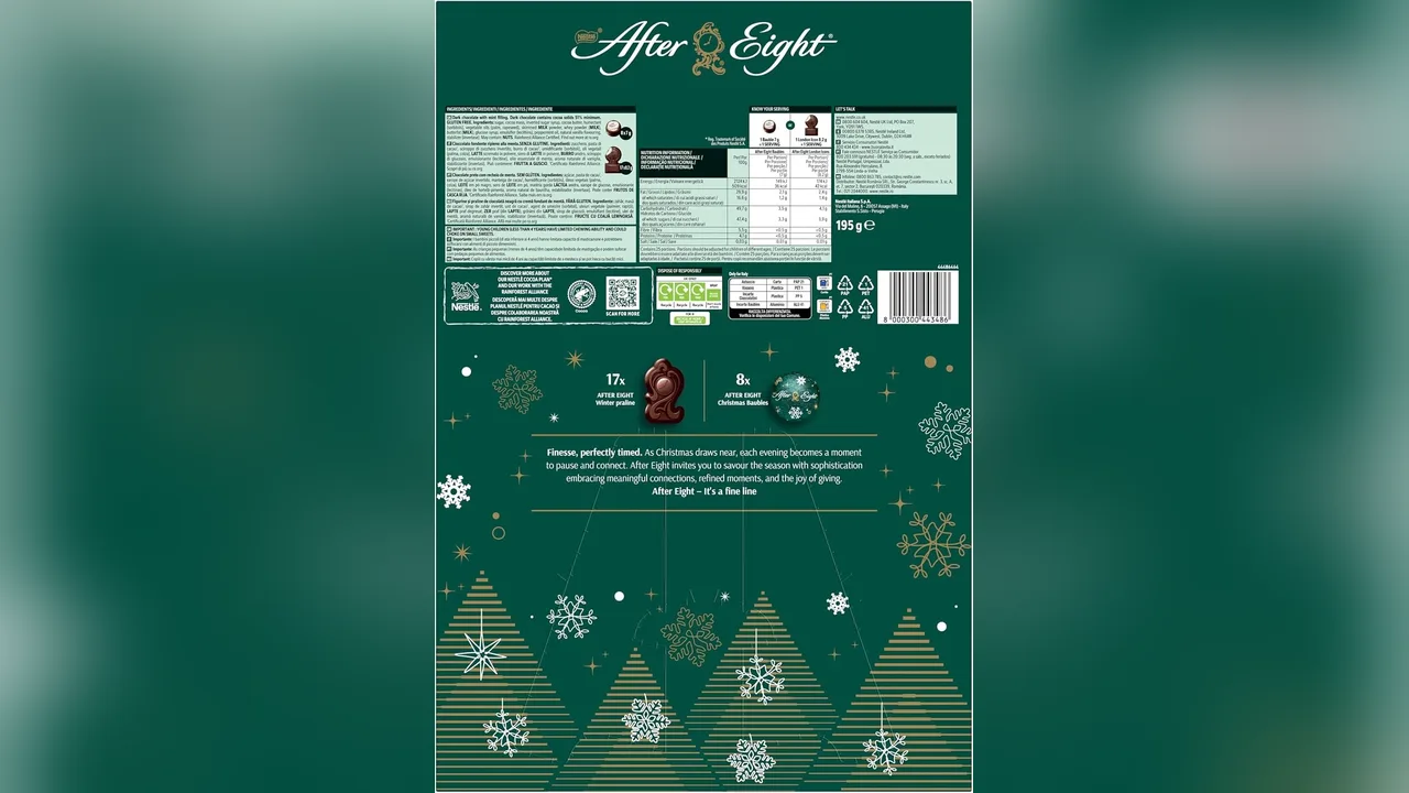 Auf der Rückseite: 17 Winterpralinen und 8 Weihnachtskugeln mit Minzfüllung.