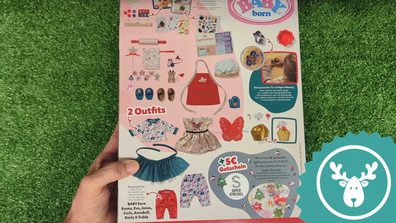 Auf der Rückseite der Verpackung sind alle 24 Überraschungen für die 43 cm große Puppe übersichtlich abgebildet.