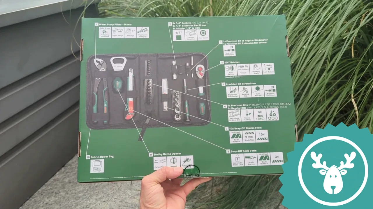 Auf der Rückseite der Verpackung ist das gesamte Handwerkzeug-Set samt Stofftasche übersichtlich abgebildet.