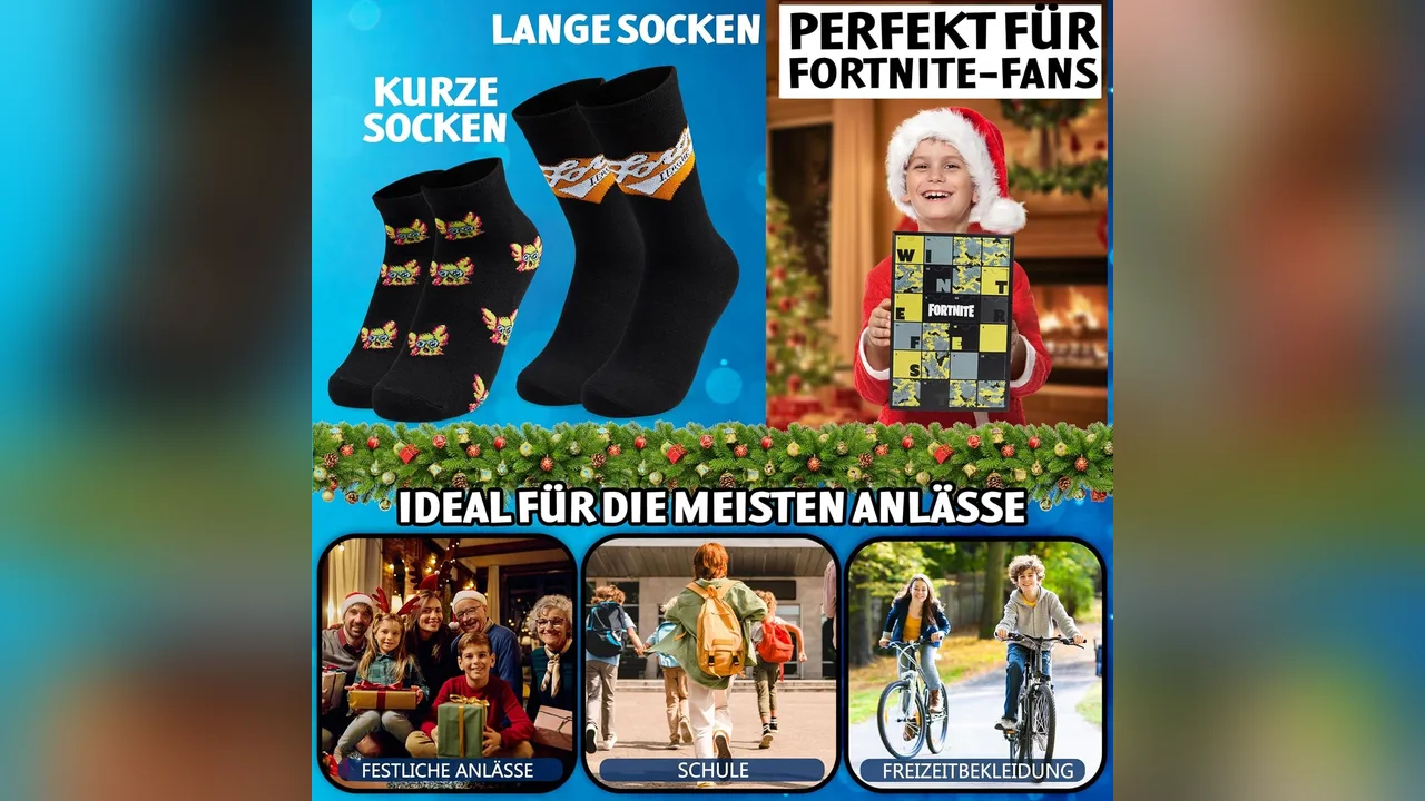 Im Kalender gibt es kurze und lange Socken mit Fortnite-Motiven.