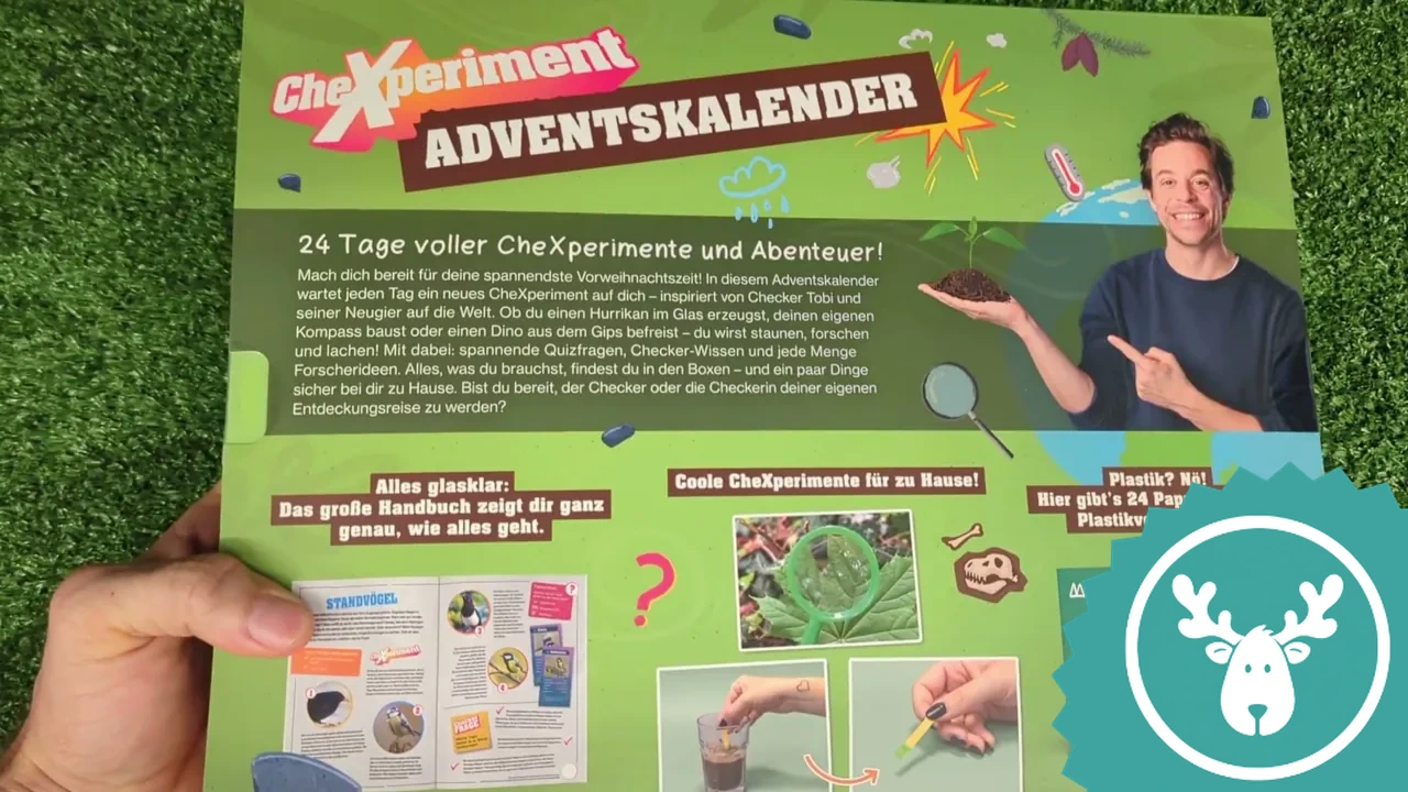 Die Rückseite gibt einen Überblick über die 24 Experimente und die enthaltenen Pappboxen.