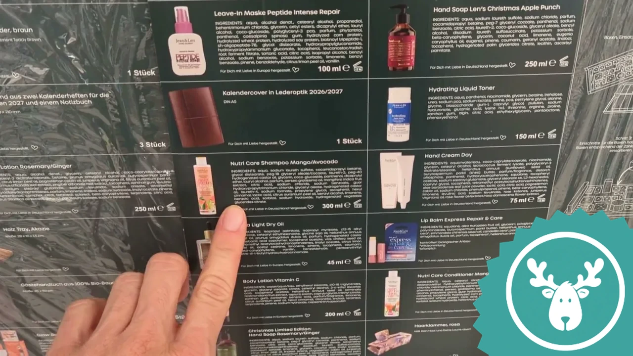 Auf der Rückseite sind alle enthaltenen Pflegeprodukte übersichtlich in Originalgröße abgebildet.