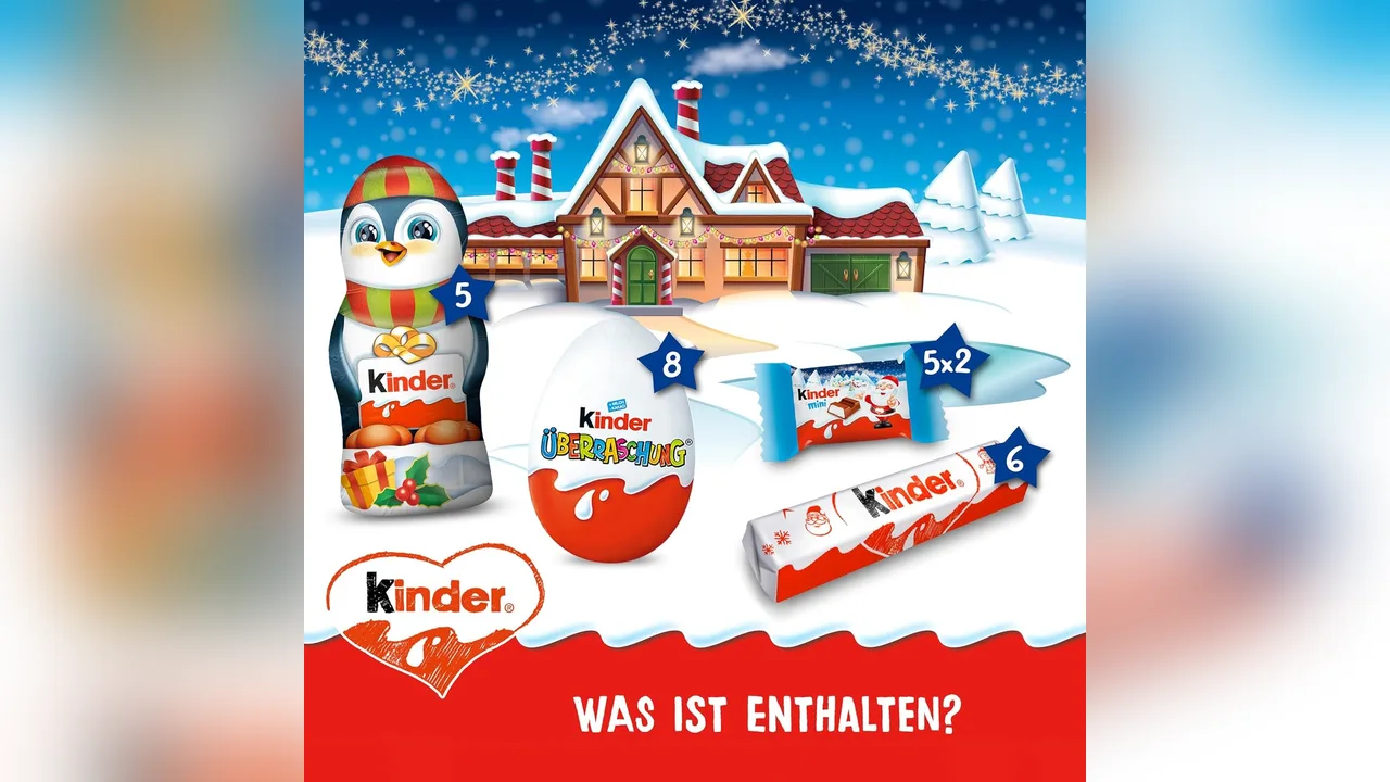 Was ist enthalten: 5 Hohlfiguren, 8 Ü-Eier, 6 kinder Schokolade und 5 × 2 kinder Schokolade Mini.