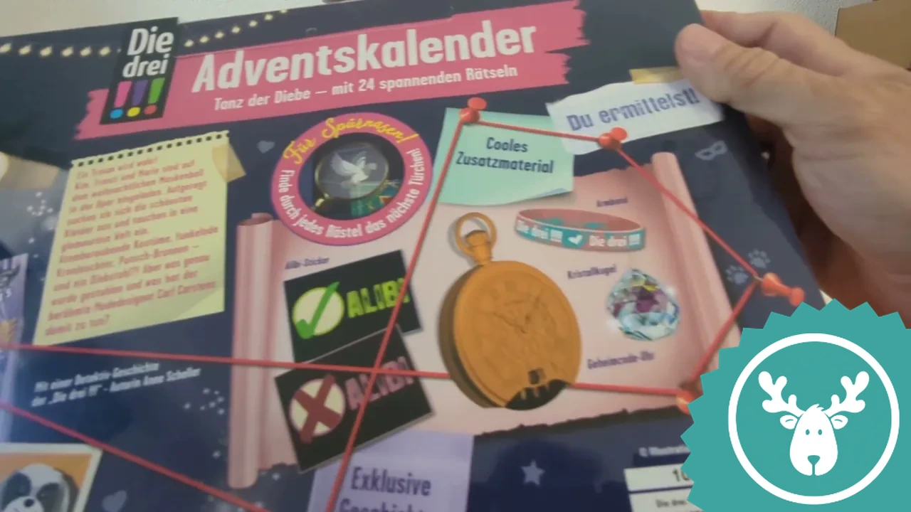 Auf der Verpackung ist bereits verschiedenes Zubehör wie eine Geheimcode-Uhr und Alibi-Karten für den Kriminalfall abgebildet.