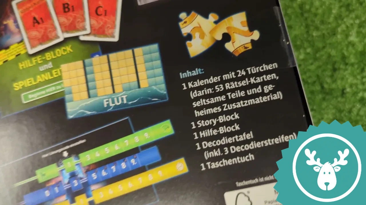 Zum Spielmaterial gehören unter anderem ein Story-Block, Rätselkarten und eine praktische Decodiertafel.