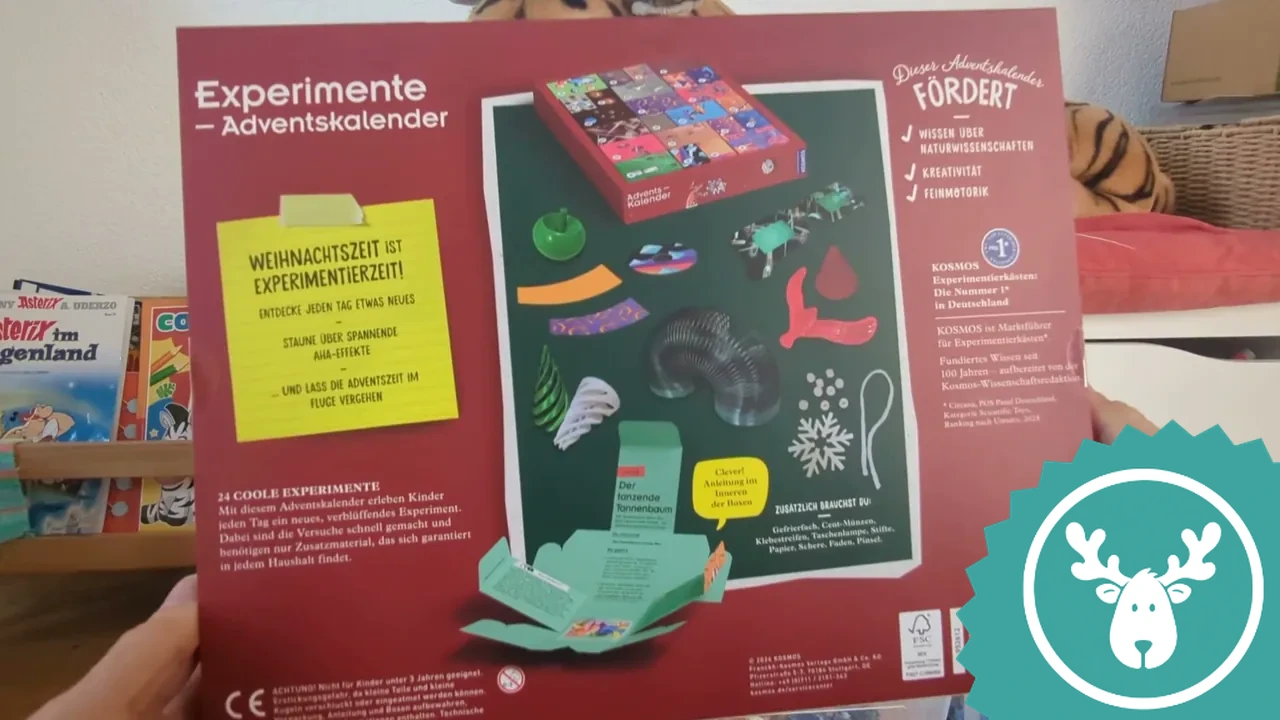 Auf der Rückseite ist zu sehen, wie der Kalender spielerisch Wissen über Naturwissenschaften vermittelt.
