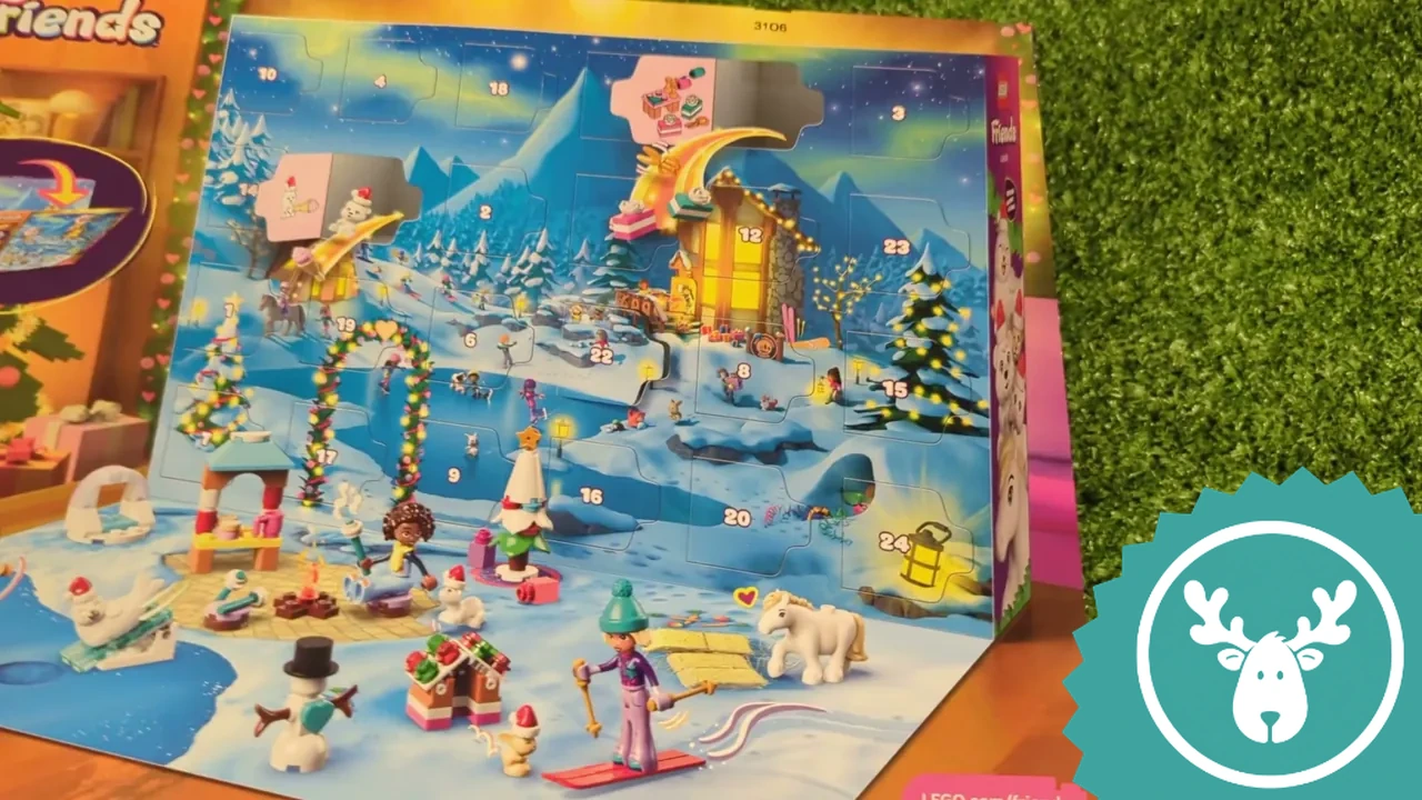 Aufgeklappt dient der Kalender direkt als bunte Winterlandschaft mit 24 Überraschungstürchen.