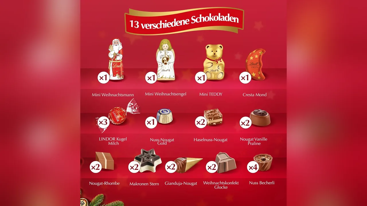 Die 13 verschiedenen Schokoladen im Lindt Weihnachtstradition Kalender.
