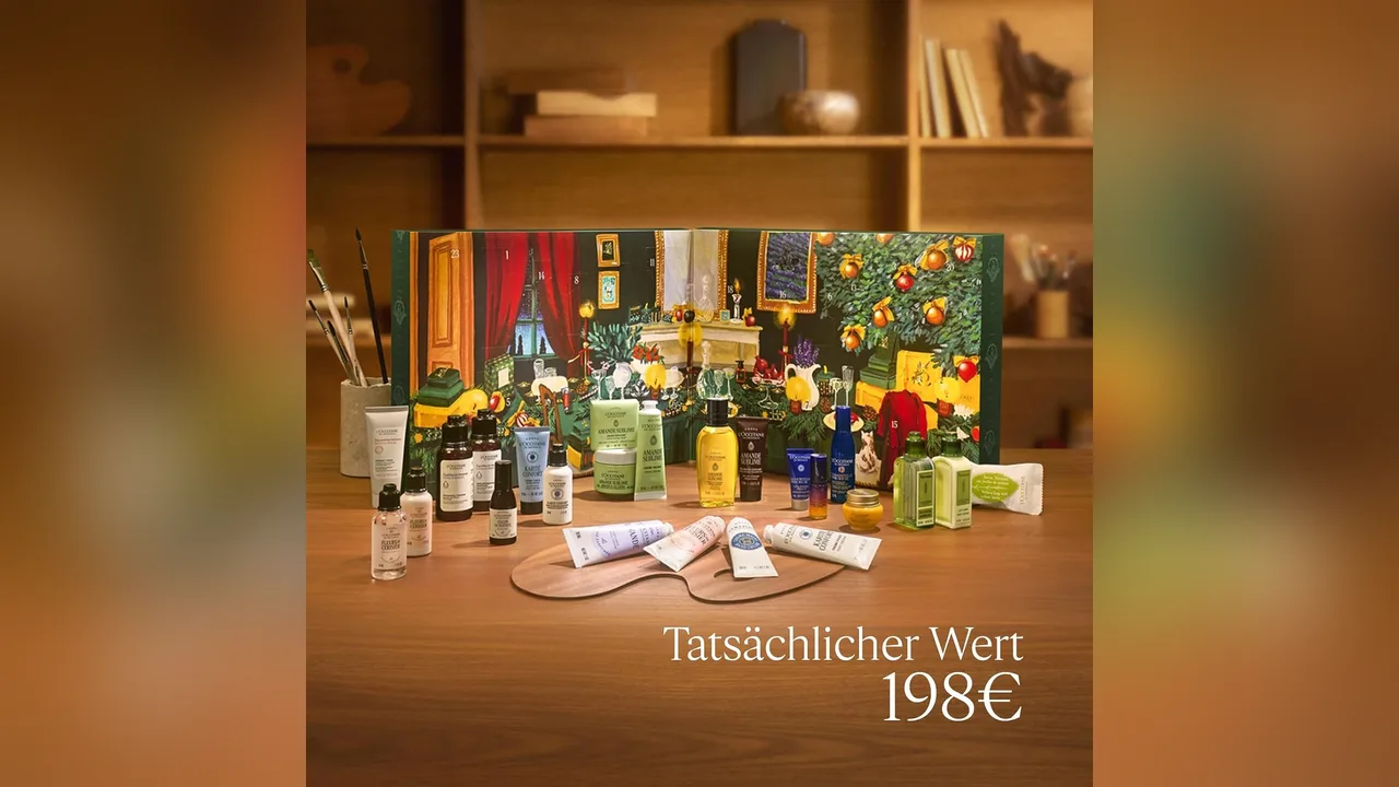 Geöffnet zeigt der Kalender die Pflegeprodukte der Marke.