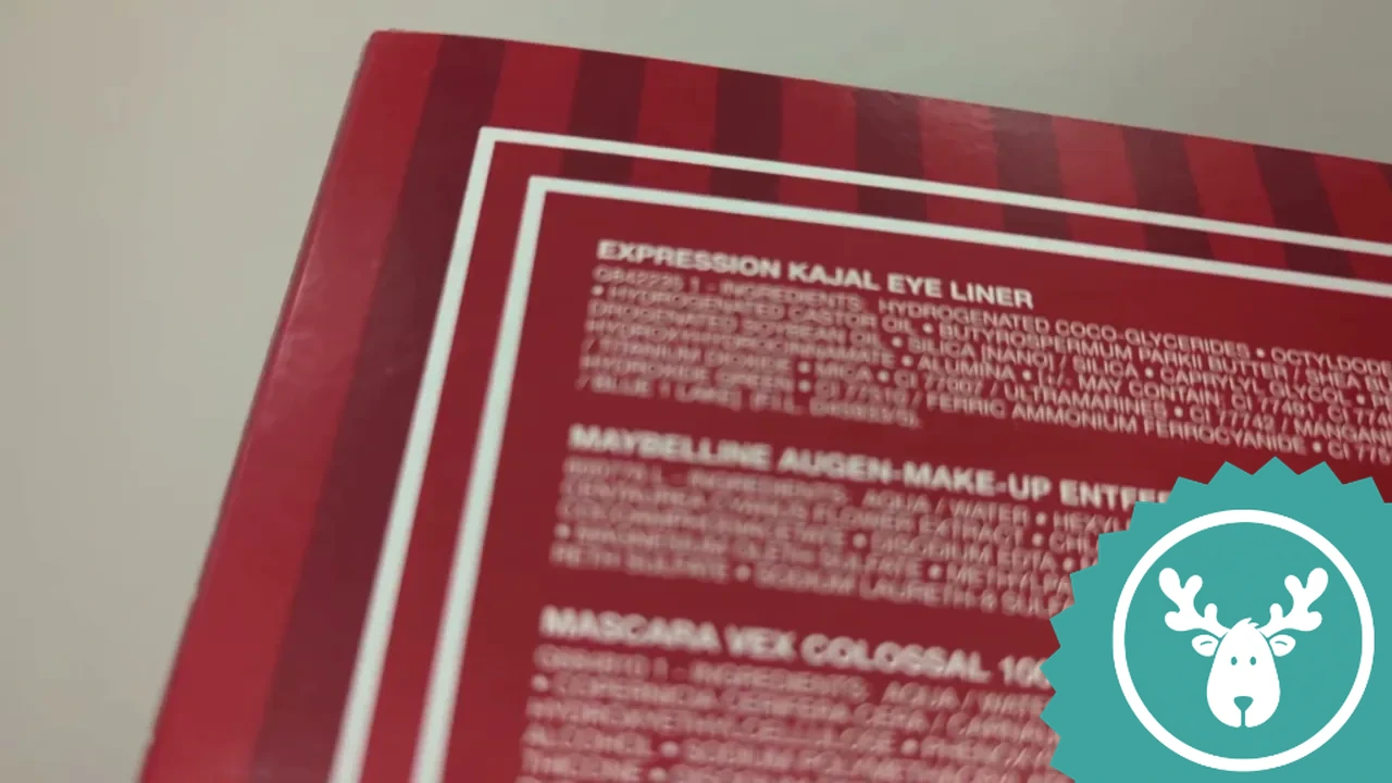 Die Rückseite gibt Einblick in den Inhalt, zu dem unter anderem Mascara, Eyeliner und Augen-Make-up-Entferner zählen.