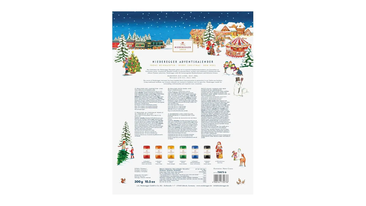 Auf der Rückseite stellt Niederegger den Kalender vor, das Gewicht liegt bei 300 g.