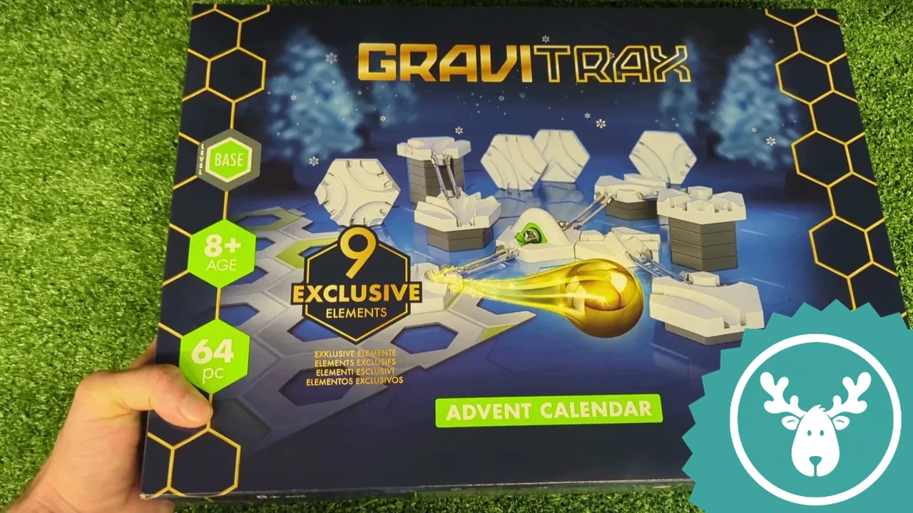 Die Vorderseite des GraviTrax-Adventskalenders kündigt 9 exklusive Elemente für spannenden Kugelbahn-Bauspaß an.