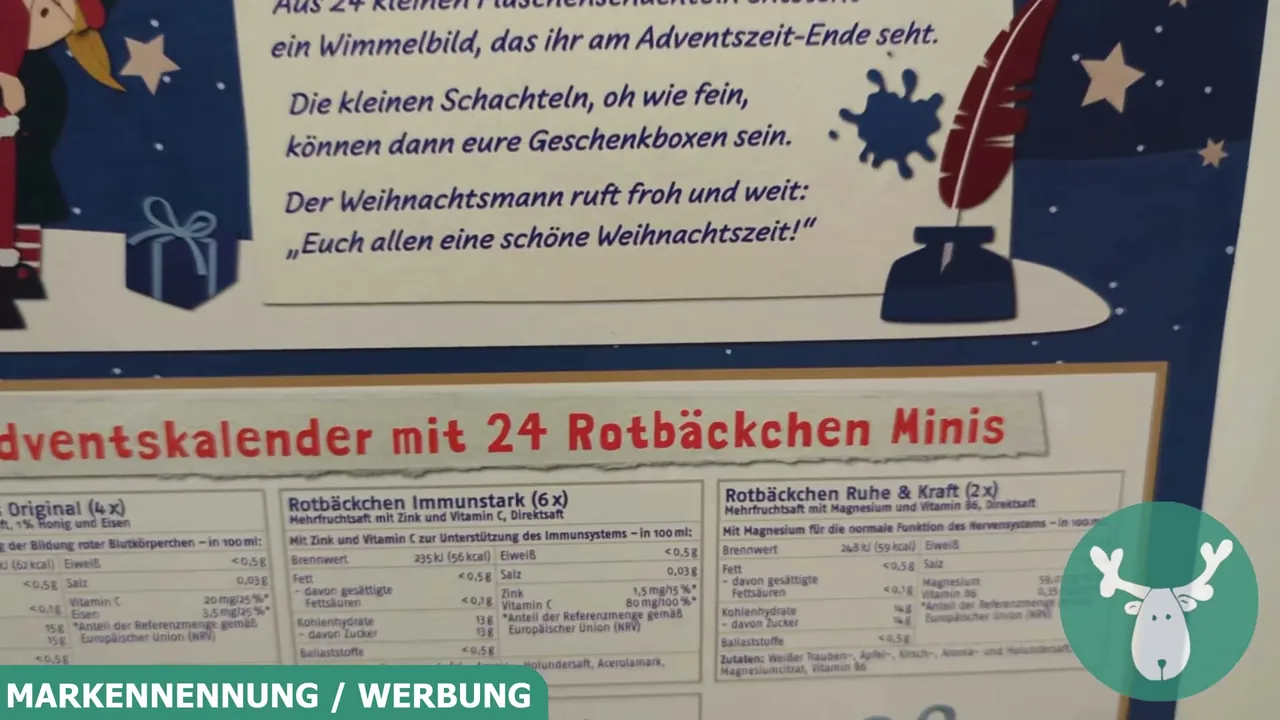 Auf der Rückseite sind alle sieben enthaltenen Saftsorten und Nährwertangaben übersichtlich aufgelistet.