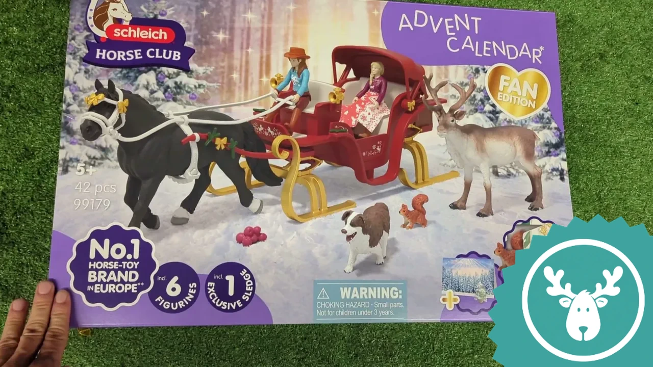 Die Vorderseite des großen Adventskalenders zeigt Hannah und Sofia bei ihrer winterlichen Schlittenfahrt im Schnee.