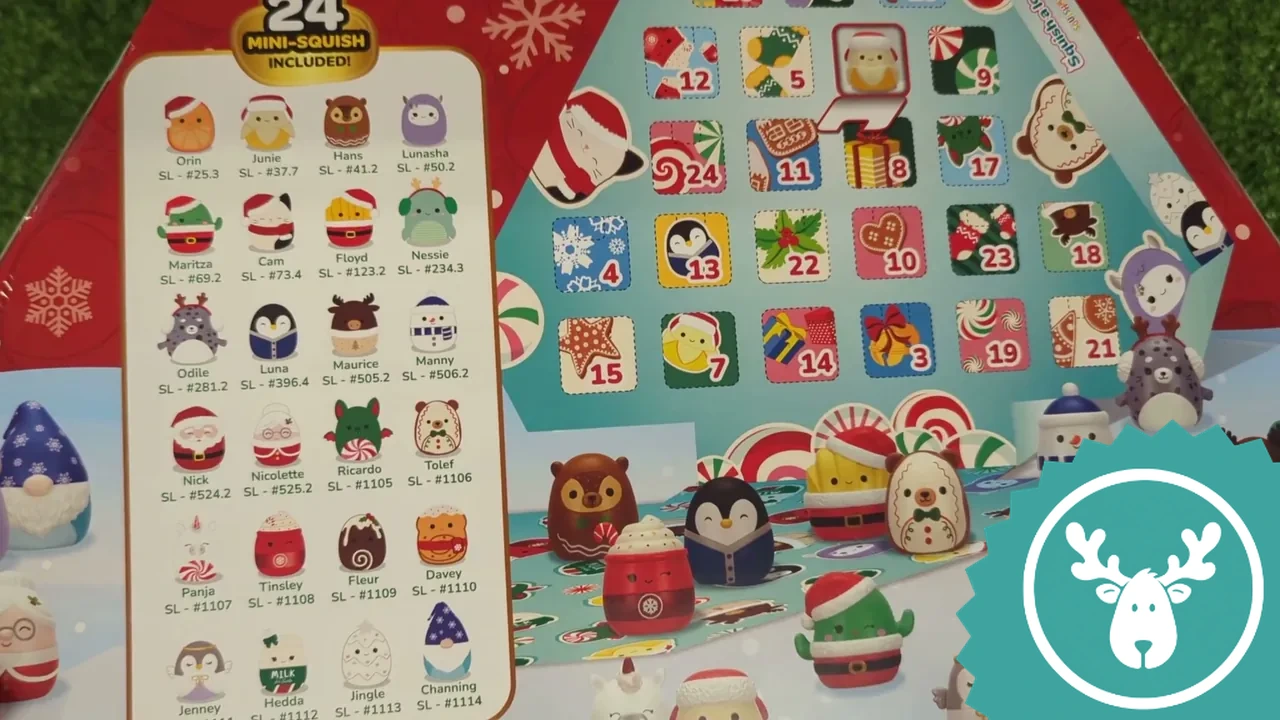 Die Übersicht zeigt alle 24 enthaltenen Mini-Squish-Figuren wie Ricardo die Fledermaus oder Hedda die Weihnachtsmilch.