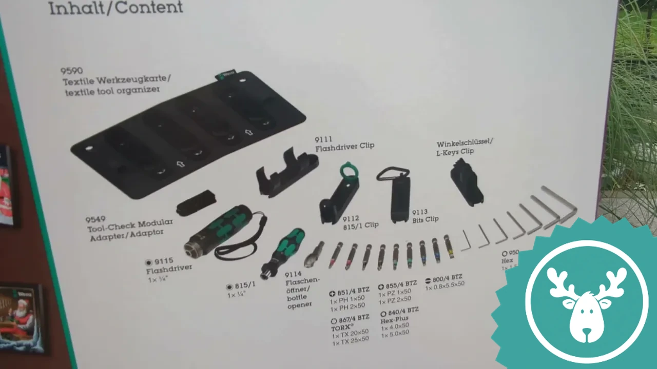 Zu den Highlights gehören eine Schraublampe mit zwei Leuchtstufen, diverse Bits und eine praktische textile Werkzeugkarte.