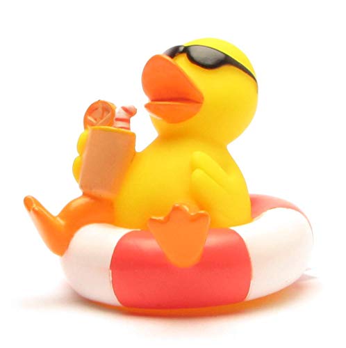 Badeente im Schwimmreif I Quietscheente I Duckshop I L: 8 cm I Spielzeug für Babies und Kinder I Badespielzeug für die Badewanne I Geschenk für Urlauber