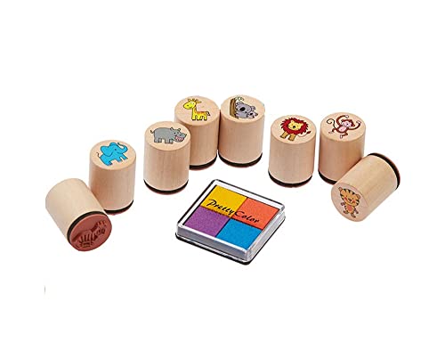 Ameisenkeks® 8 x Stempel Wilde Tiere Stempelset aus Holz für Kinder 8er Set mit Stempelkissen
