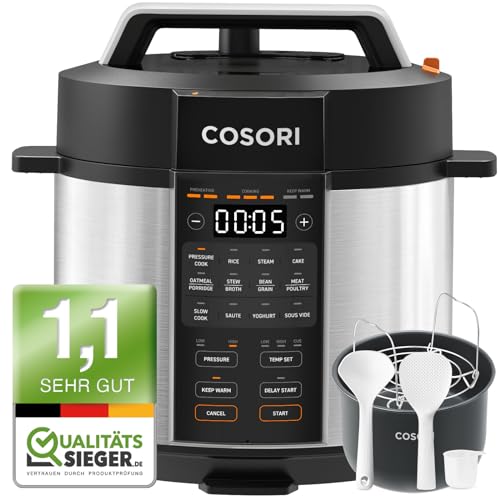 COSORI Schnellkochtopf, 9-in-1, Multikocher mit 14 Funktionen, 5,7 L Pressure Cooker, Reiskocher, Dampfgarer, Joghurtbereiter, Slow cooker und Sous Vide, Sautierpfanne, Rezeptbuch, Edelstahl