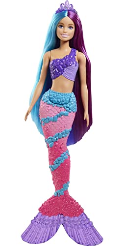 Barbie Dreamtopia Regenbogen Magie Meerjungfrau, Meerjungfrau mit Teal, blau und lila Haar und lila Krone, detaillierte Meerjungfrau Schwanzflosse, Puppe enthalten, als Geschenk geeignet