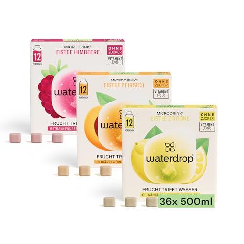 waterdrop® Microdrink Eistee Set | 36 Ice Tea Drops Würfel | Zero Zucker Pulver | 3 fruchtige Sorten: Schwarzer Tee + Pfirsich, Grüner Tee + Zitrone, Schwarzer Tee + Himbeere | Wertvollen Vitaminen