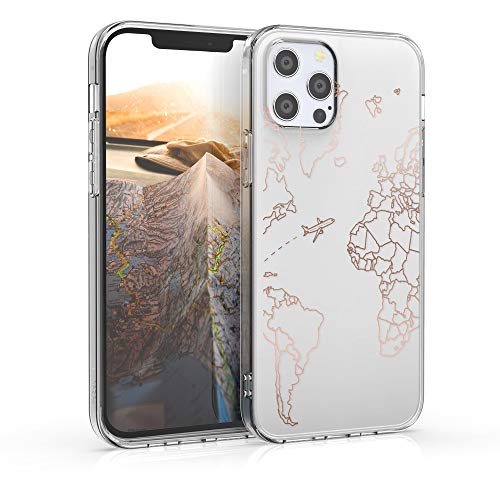 kwmobile Hülle kompatibel mit Apple iPhone 12 / iPhone 12 Pro - Handyhülle Silikon Case - Travel Flugzeug Rosegold Transparent