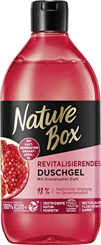Nature Box revitalisierendes Duschgel mit Granatapfel-Duft (385 ml), Duschpflege mit kaltgepresstem Granatapfel-Öl, Flasche aus 100 % recyceltem Social Plastic