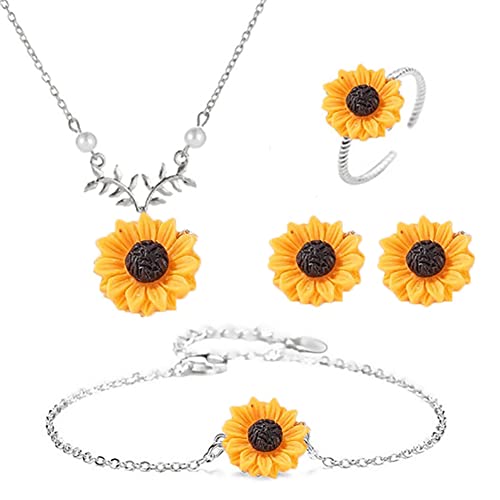 Wedity Sonnenblumen-Halskette, Sonnenblumen-Ohrringe, Ring, Blumen-Armbänder, Schmuck-Set, verstellbar, für Frauen und Mädchen (Silber)
