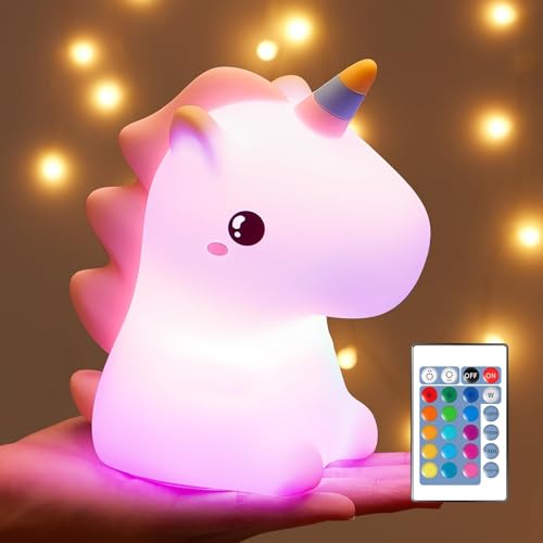 One Fire Nachtlicht Kinder, 16 Farben 5 Helligkeit Baby Stilllicht, Einhorn Geschenke für Mädchen, Batterie, Nachttischlampe Dimmbar, Kawaii Kinderzimmer Babyzimmer Deko