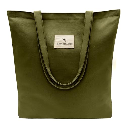 Emma Jonasson Jutebeutel mit Reißverschluss und Innentasche - Stilvoller Shopper Damen - Einkaufstasche mit langem Henkel - perfekte Tasche als Tote bag, Schultertasche, Stofftasche groß grün