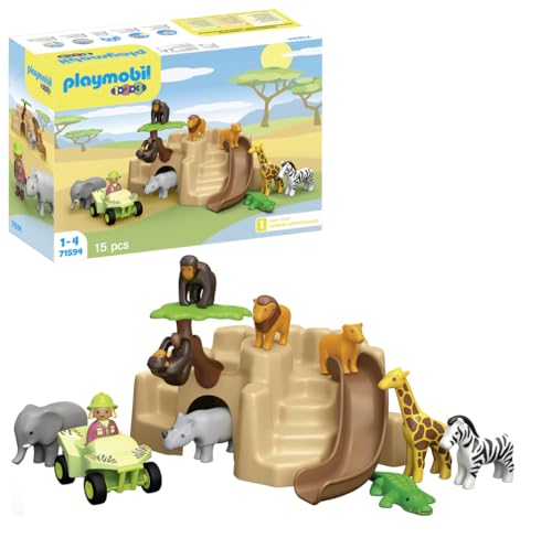 PLAYMOBIL 1.2.3 71594 Wildtier Abenteuer, vielfältiges Spielset mit verschiedenen Tieren, Quad und Rutsche, Lernspielzeug für Kleinkinder, Spielzeug für Kinder ab 12 Monaten [Exklusiv bei Amazon]