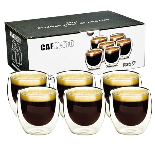 Espressotassen Set (6 x 80ml),Doppelwandig Espresso Gläser Thermogläser Gläser aus Borosilikatglas - Pülmaschinenfestes Latte Macchiato Gläser,Cappuccino Tassen,Kaffeetassen
