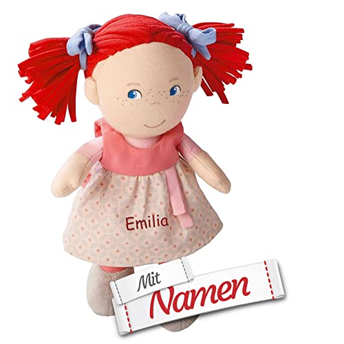 HABA Stoffpuppe Mirli mit Namen Bestickt, Erste Baby Puppe zum kuscheln, Weiche Mädchen Kuschelpuppe, Kinder Geschenk-Idee Babypuppe als Taufgeschenk