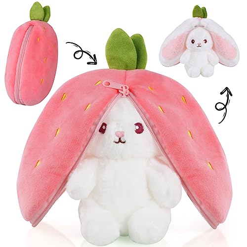 OSDUE Hasen Verstecken, Flip Plüsch Spielzeug, Plüschtier Hase, Hase Stofftier, Erdbeeren Karotten Hase mit Reißverschluss, Geburtstagsgeschenk für Jungen, Mädchen, Kinder(23cm Rot)