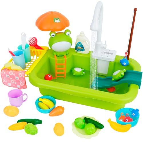 2-in-1-Küchenspüle Spielzeug Set, Spülbecken Spielzeug Set mit Angelspiel und Küchenzubehör, Küchenspielzeug mit um 90° drehbarem Umlaufauslaufhahn, Rollenspiel-Spielzeug für Kleinkinder