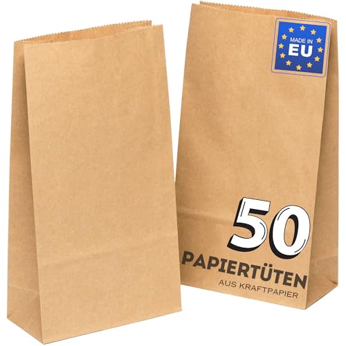 kgpack 50 STK Papiertüten Braun - 14 x 26 x 8 cm Brottüten Kraftpapiertüten Butterbrottüten Geschenktüten braune Basteln Kraftpapier Bodenbeutel Weihnachten Adventskalender Tüten zum befüllen klein