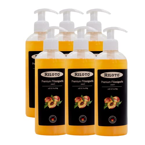 Lorito Premium Flüssigseife Pfirsich 6 x 500 ml, flüssige Handseife in Pumpflasche, Cremeseife vegan, Seife für empfindliche Haut und Allergiker