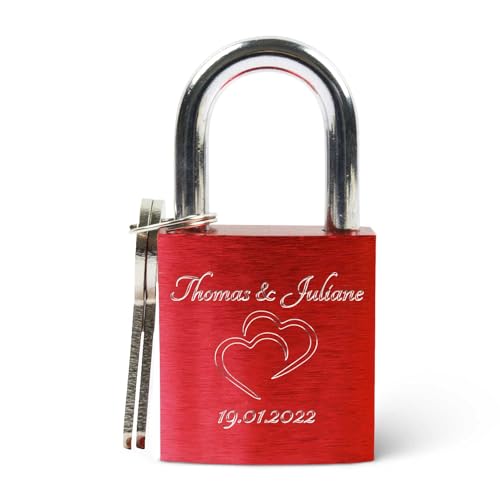 GRAVURZEILE Liebesschloss mit Gravur und Schlüssel - Personalisiertes Schloss - Personalisierte Geschenke für Ihn & Sie zum Valentinstag - Valentinstagsgeschenk für Frauen und Männer - Rot