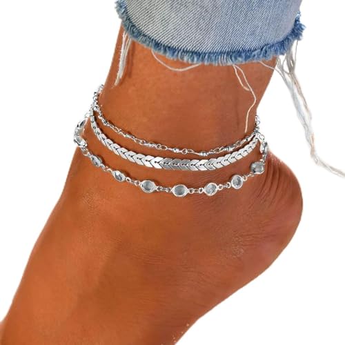 Ushiny Vintage Layered Fußkettchen Strass Fußkettchen Fishbone Fußkettchen Perlen Fußkette Schmuck für Frauen und Mädchen (3 Stück) (Silber)