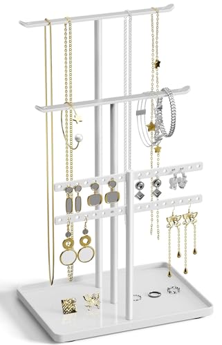 Schmuck Organizers, Schmuckständer 32cm Groß, 4 Ebenen Robust Schmuckaufbewahrung Reise, Schmuckschrank Organizer für Halskette, Armband, Parfüm und Ohrringe, Deko Aesthetic Accessoires, Weiß