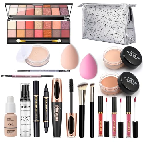 Make-up Sets, 18 Stück All in One Makeup Set, Multifunktions Kosmetik Schmink Kit Frauen, Kosmetik Starter Kit Make-up Geschenkset mit Lidschatten Palette, Lippenstift, Eyeliner, Mascara, Pinsel