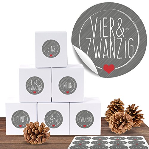 24 Adventskalender Pappschachteln mit 24 weihnachtlichen Zahlenaufklebern „Schick und Grau“ als Weihnachts-Geschenktüte zum Basteln und Befüllen
