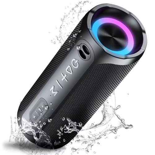 Bluetooth Lautsprecher mit Licht, Musikbox Tragbarer Bluetooth Box mit IPX7 wasserdicht, Stereo-Pairing, Eingebautes Mikrofon, 24h Akku, Perfekt für Zuhause, Draußen, Reisen, Schwarz