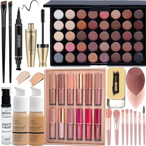 All in One Make Up Set - Schminke Set für Frauen - 40 Farben Lidschatten Palette, Mascara, Foundation & Face Primer, Eyeliner Stempel, Lip Gloss Set, Augenbrauen Seife, Makeup Schwamm Pinsel Set