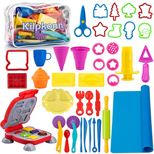 Knete Set Knetwerkzeug für Kinder, 41 Stück Knete Zubehör Creation Frühstück Burger & Pasta, Formen Rollen Nudelholz, Knetmatte mit Aufbewahrungstasche, Teig Spielzeug Geschenk für Jungen Mädchen