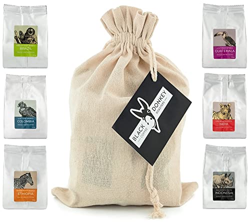 Gourmet Kaffeebohnen Geschenkset - COFFEES OF THE WORLD | Kaffeebohnen 600g (6 x 100g) - 6 feinste Single Origin Kaffees | Geschenkidee im Geschenkkorb-Stil für Sie & Ihn