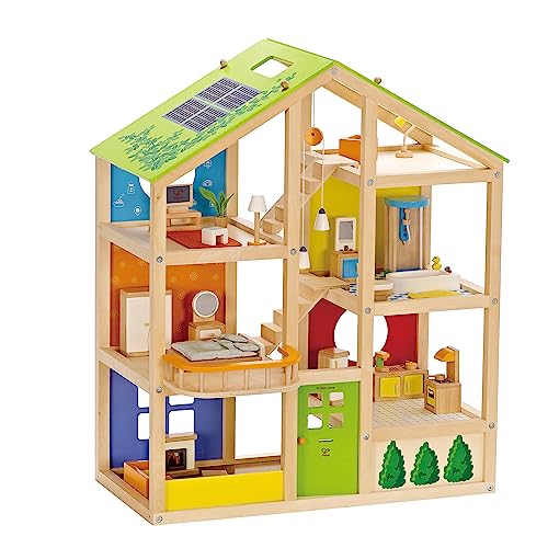 Hape Vier-Jahreszeiten Puppenhaus aus Holz von Hape | Preisgekröntes dreistöckiges Puppenhaus mit Mobiliar, Zubehör, verschiebbaren Treppen und wendbarem Dach für jede Jahreszeit