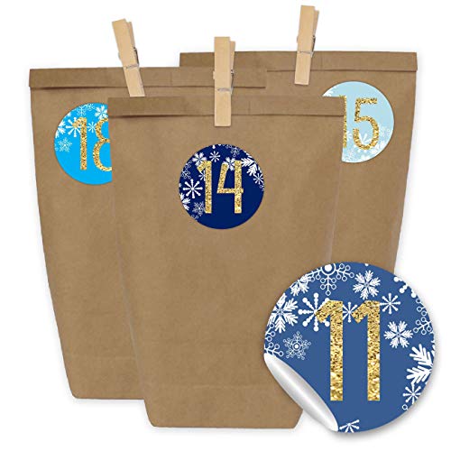 Papierdrachen Adventskalender zum Befüllen - 24 Geschenktüten und 24 Zahlenaufkleber und Klammern - Motiv Eiszeit blau - zum Befüllen und Basteln - Weihnachten - Mini Set Nr 26