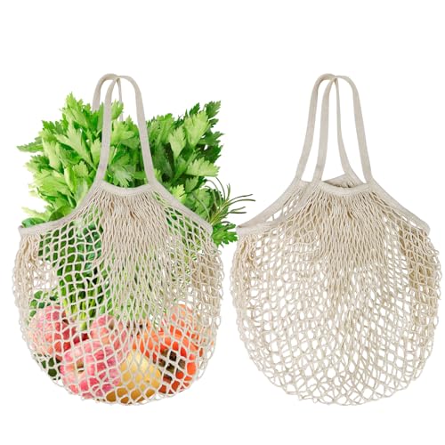 Mordx 2 Stück Einkaufstasche Netz Wiederverwendbar,Einkaufstaschen aus Bio Baumwollseil,Baumwolle Einkaufsnetz Bags,Einkaufsnetzbeutel mit langem Griff für die Aufbewahrung von Obst und Gemüse,Beige