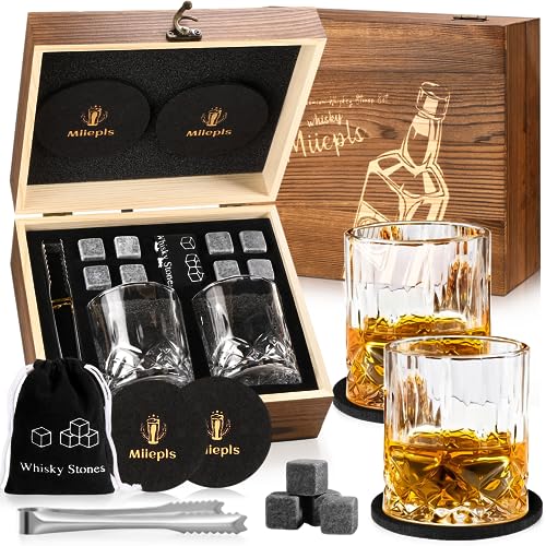 Whisky, Whisky Gläser Set, Whisky Steine Geschenkset, 8 Whiskey Steine & 2 Twisted Whisky Gläser & 2 Untersetzer, Geschenke für Männer